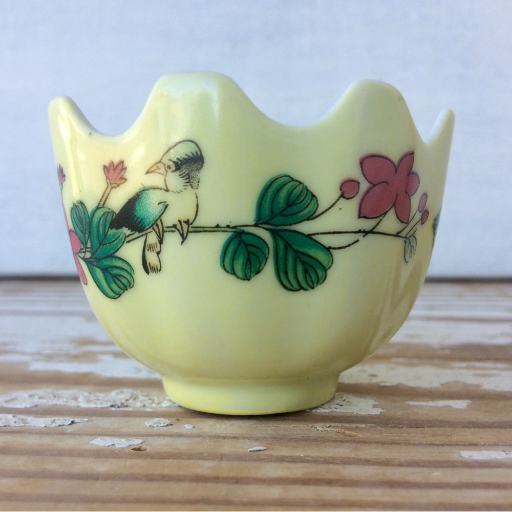 Scalloped Floral Vintage Trinket or ring dish Yellow / Pink / Green / Birds